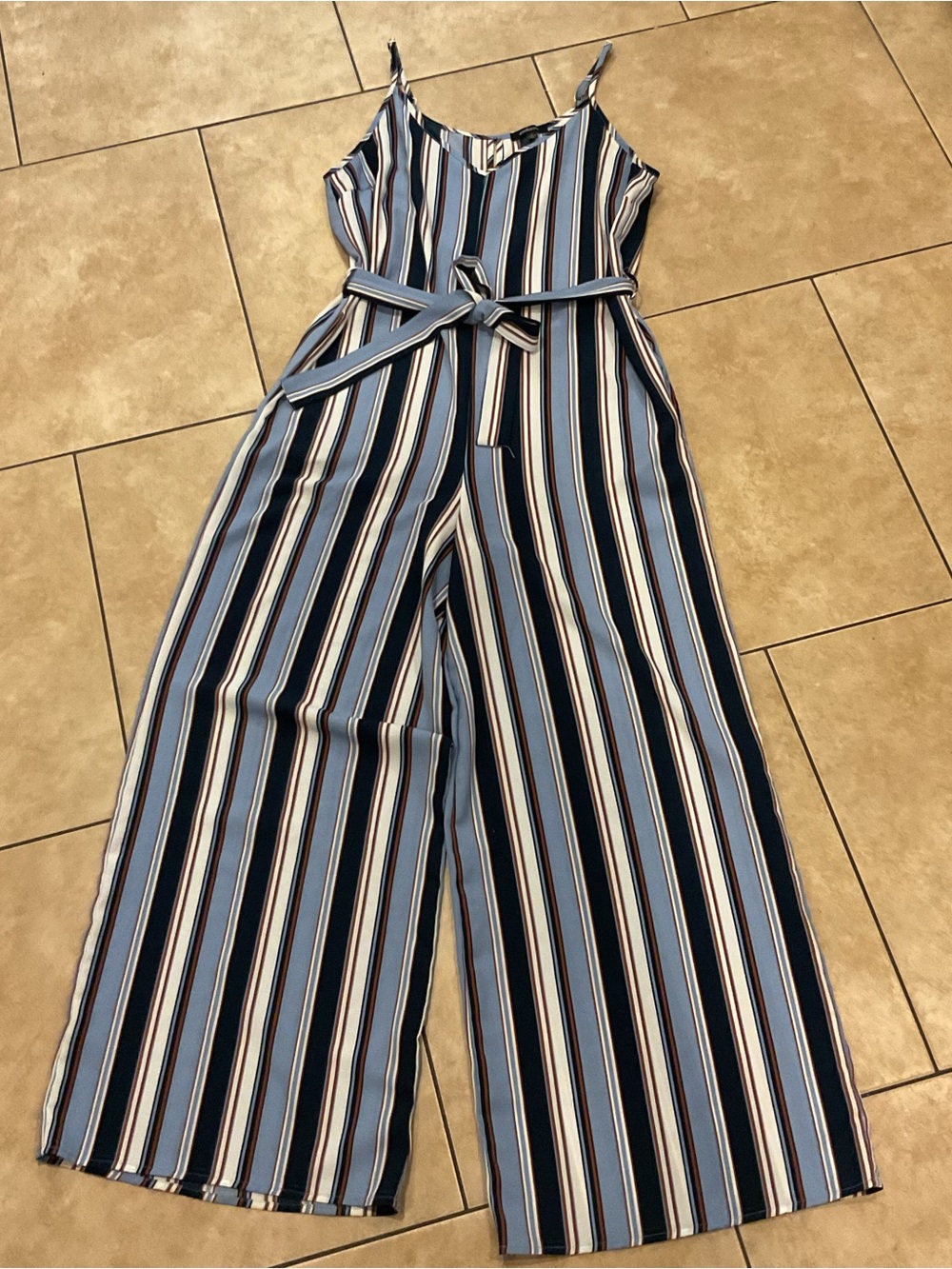 Summer Women’s Striped Wide-Leg Jumpsuit with Tie Belt - Blue